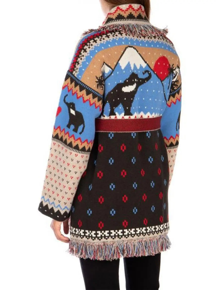 Fringed Belted Elephant Jacquard Cardigan - Sweaters & Knitwear