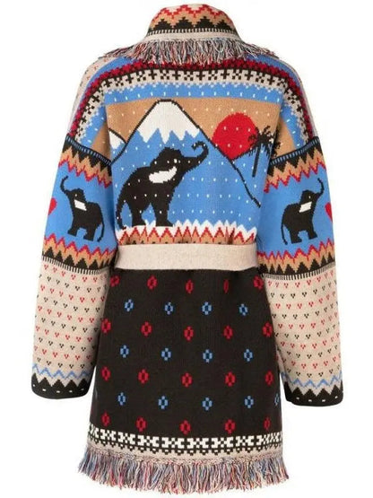 Fringed Belted Elephant Jacquard Cardigan - Sweaters & Knitwear