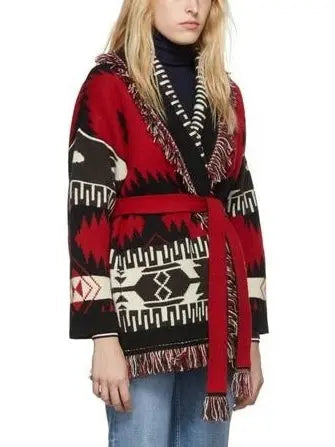 Fringed Belted Oversized Print Cardigan In Red and Black - Sweaters & Knitwear