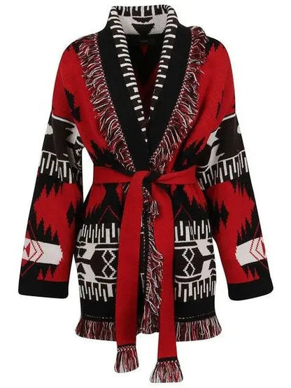 Fringed Belted Oversized Print Cardigan In Red and Black - Sweaters & Knitwear