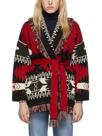 Fringed Belted Oversized Print Cardigan In Red and Black - Sweaters & Knitwear