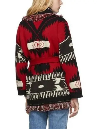 Fringed Belted Oversized Print Cardigan In Red and Black - Sweaters & Knitwear