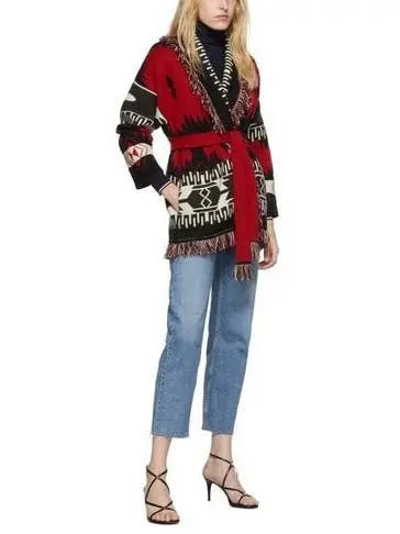 Fringed Belted Oversized Print Cardigan In Red and Black - Sweaters & Knitwear