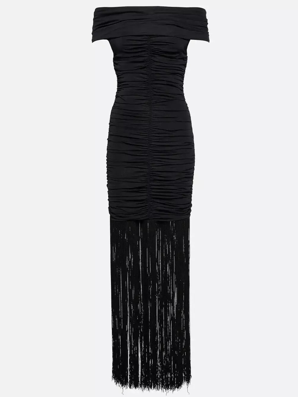 Fringed Black Off Shoulder Ruched Maxi Dress - Dresses