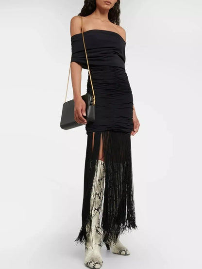 Fringed Black Off Shoulder Ruched Maxi Dress - Dresses