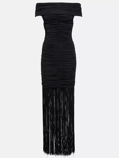 Fringed Black Off Shoulder Ruched Maxi Dress - Dresses