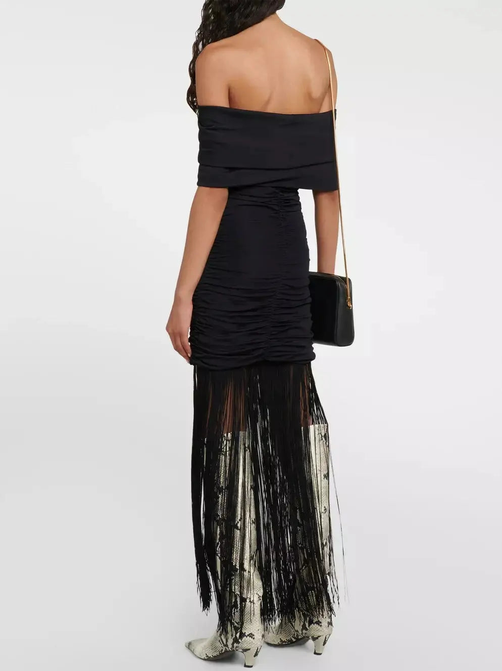 Fringed Black Off Shoulder Ruched Maxi Dress - Dresses