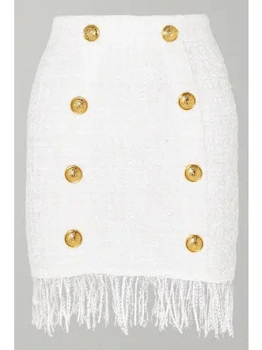 Fringed Button-Embellished Bouclé Mini Skirt in White - Skirts