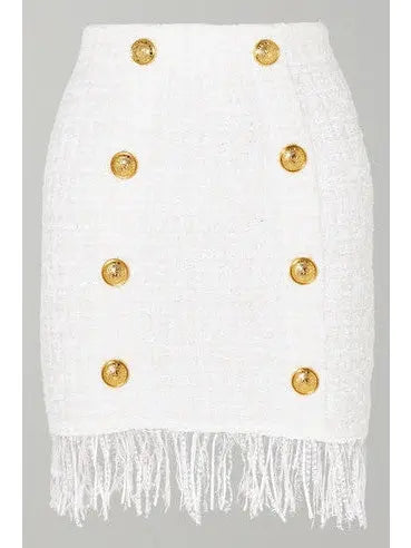 Fringed Button-Embellished Bouclé Mini Skirt in White - Skirts