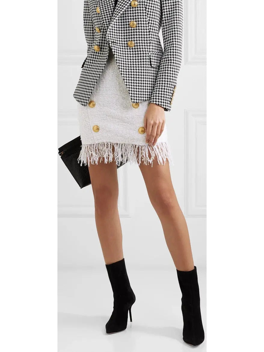 Fringed Button-Embellished Bouclé Mini Skirt in White - Skirts