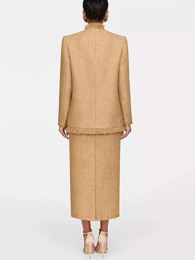 Fringed Gold Tweed Jacket with Sequin Trim - Jackets