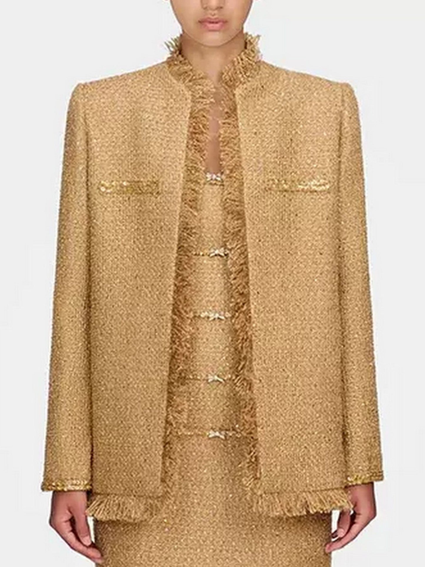 Fringed Gold Tweed Jacket with Sequin Trim - Jackets