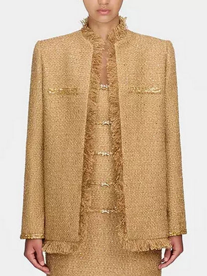Fringed Gold Tweed Jacket with Sequin Trim - Jackets