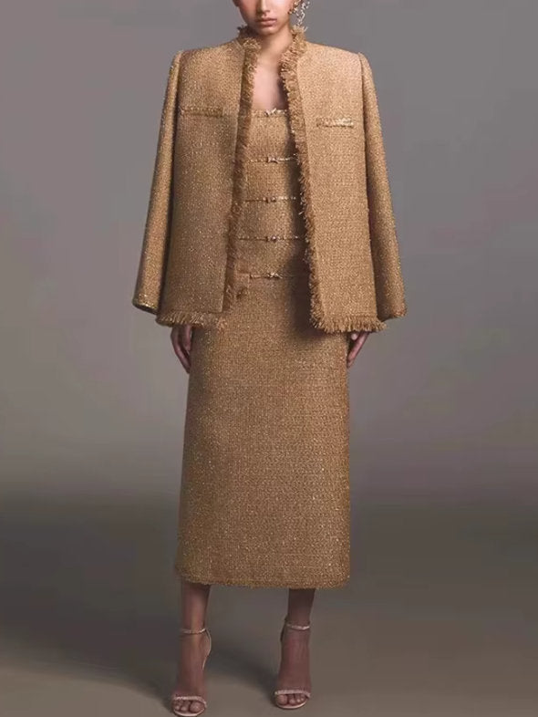 Fringed Gold Tweed Jacket with Sequin Trim - Jackets