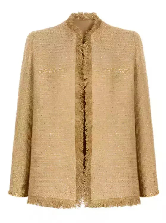 Fringed Gold Tweed Jacket with Sequin Trim - Jackets