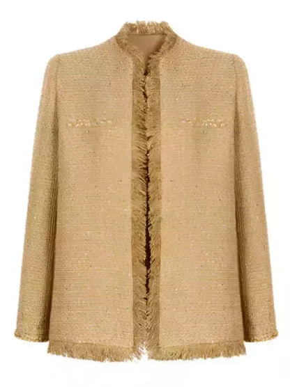 Fringed Gold Tweed Jacket with Sequin Trim - Jackets