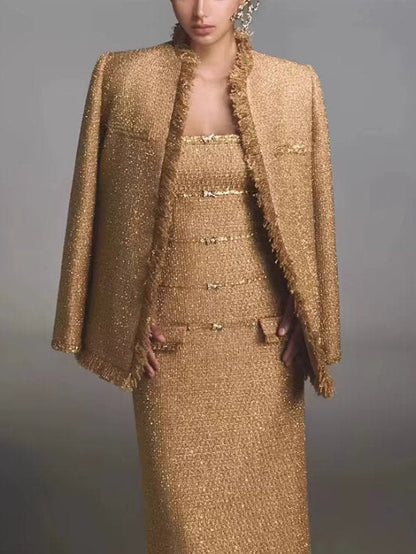 Fringed Gold Tweed Jacket with Sequin Trim - Jackets