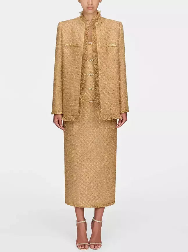 Fringed Gold Tweed Jacket with Sequin Trim - Jackets