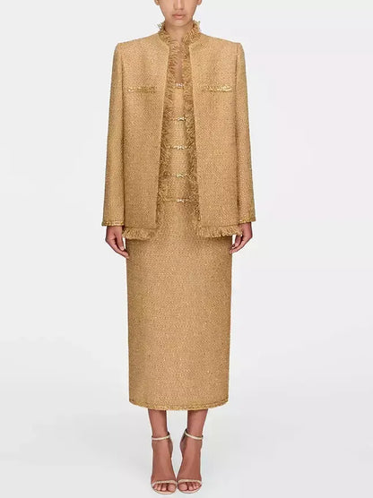 Fringed Gold Tweed Jacket with Sequin Trim - Jackets