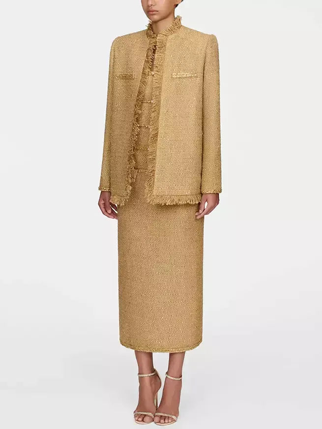 Fringed Gold Tweed Jacket with Sequin Trim - Jackets
