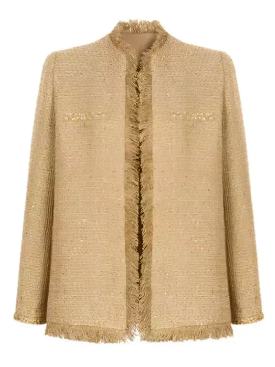 Fringed Gold Tweed Jacket with Sequin Trim - S - Jackets
