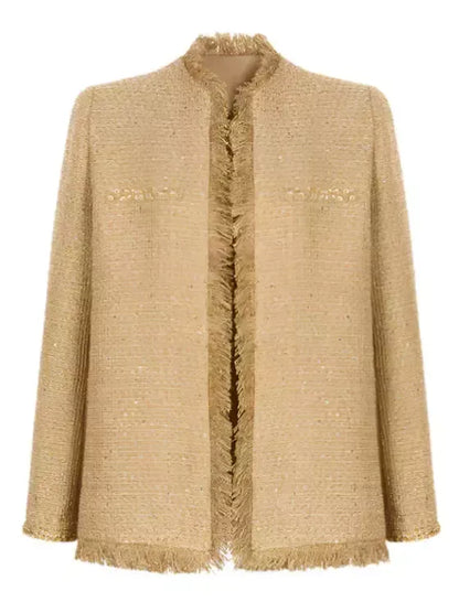 Fringed Gold Tweed Jacket with Sequin Trim - S - Jackets