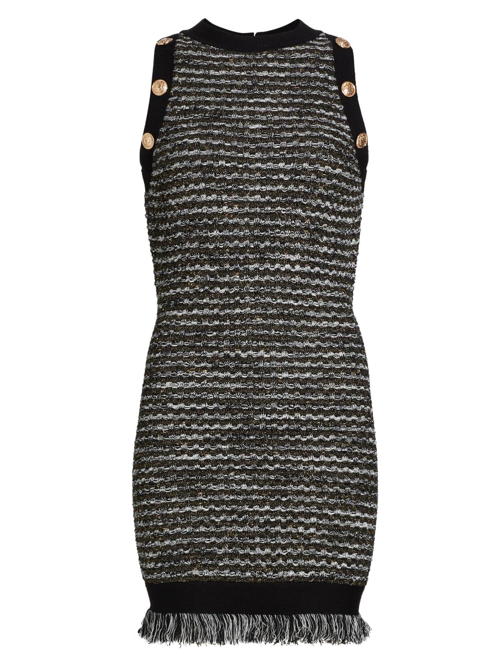 Fringed Knit Tweed Sleeveless Mini Dress - Dresses