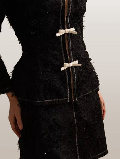 Fringed Off-Shoulder Black Tweed Jacket and Skirt Set - Suits & Sets