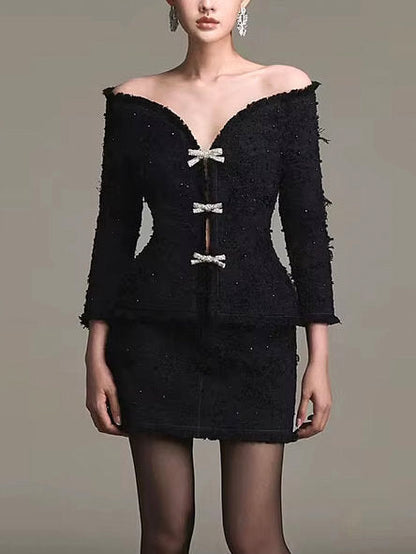 Fringed Off-Shoulder Black Tweed Jacket and Skirt Set - Suits & Sets