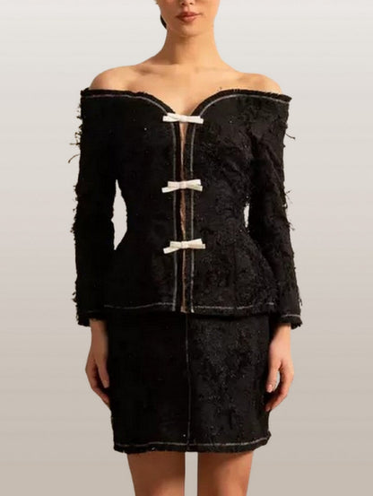Fringed Off-Shoulder Black Tweed Jacket and Skirt Set - S - Suits & Sets