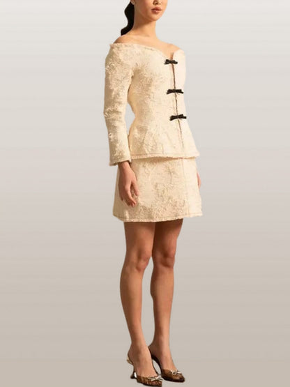 Fringed Off-Shoulder Ivory Tweed Jacket and Skirt Set - Suits & Sets