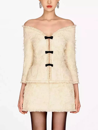 Fringed Off-Shoulder Ivory Tweed Jacket and Skirt Set - Suits & Sets