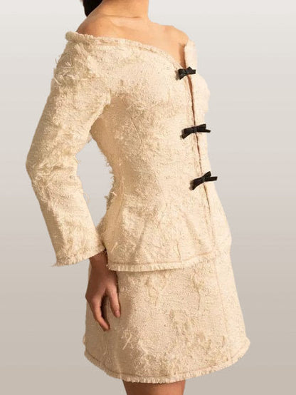 Fringed Off-Shoulder Ivory Tweed Jacket and Skirt Set - Suits & Sets