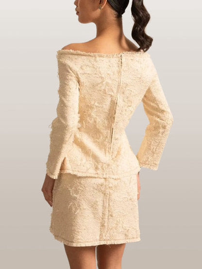 Fringed Off-Shoulder Ivory Tweed Jacket and Skirt Set - Suits & Sets