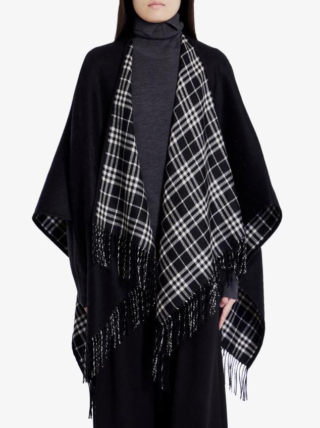 Fringed Reversible Cashmere Black and Check Cape - One size - Jackets