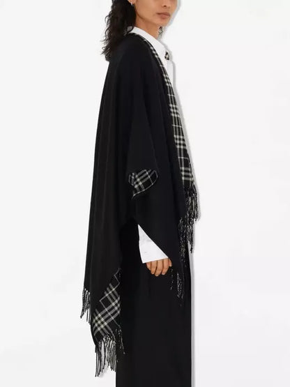 Fringed Reversible Cashmere Black and Check Cape - One size - Jackets