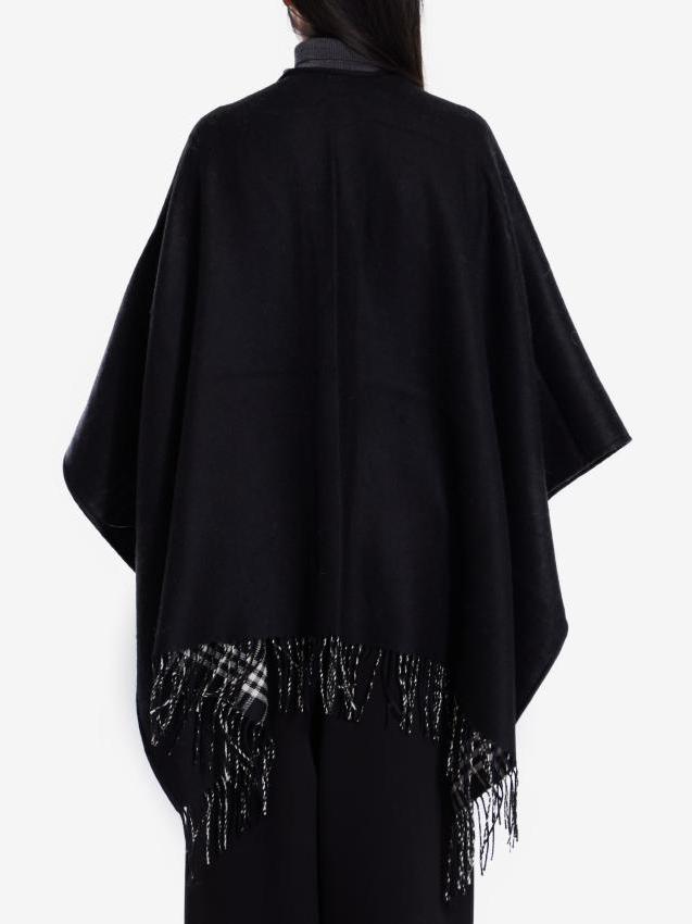 Fringed Reversible Cashmere Black and Check Cape - One size - Jackets