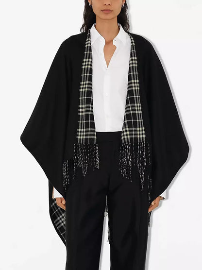 Fringed Reversible Cashmere Black and Check Cape - One size - Jackets