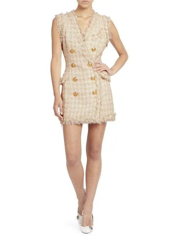 Fringed Tweed Double-Breasted Mini Dress - Dresses