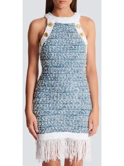 Fringed Tweed Halter-Dress - Dresses