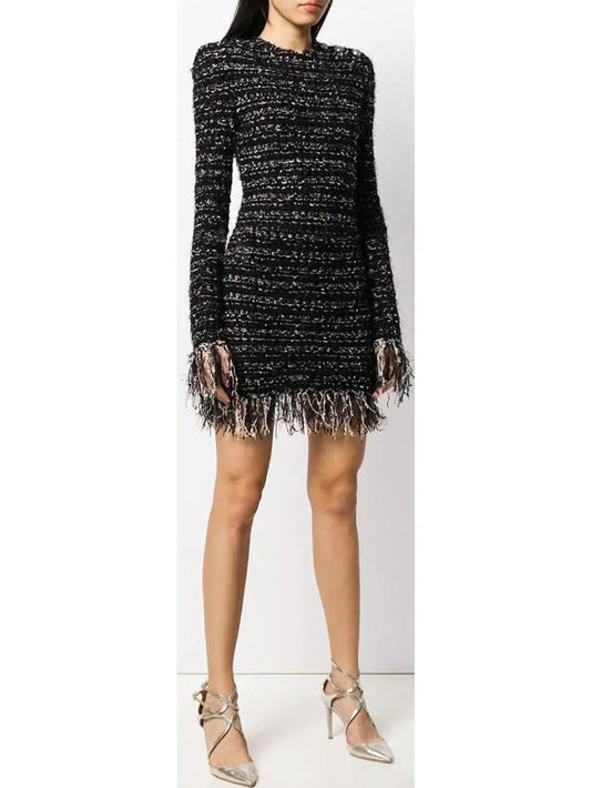 Fringed Tweed Mini Dress - small - Dresses