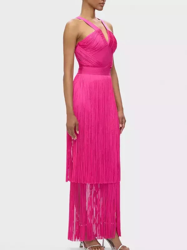 Fringed V-Cut Sleeveless Gown - Dresses