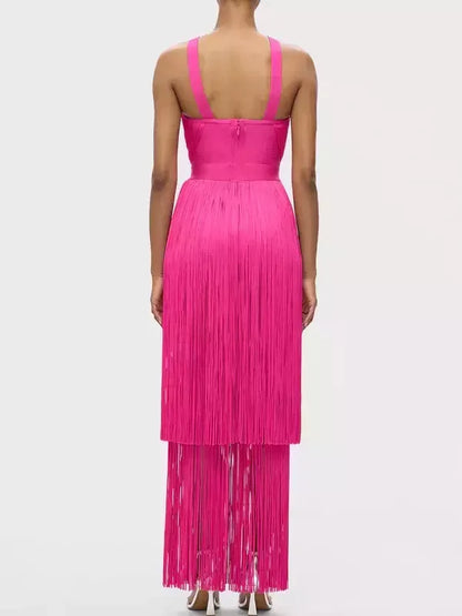 Fringed V-Cut Sleeveless Gown - Dresses