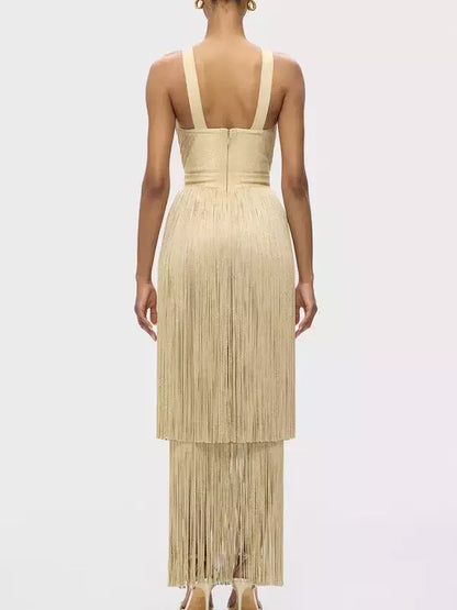 Fringed V-Cut Sleeveless Gown - Dresses