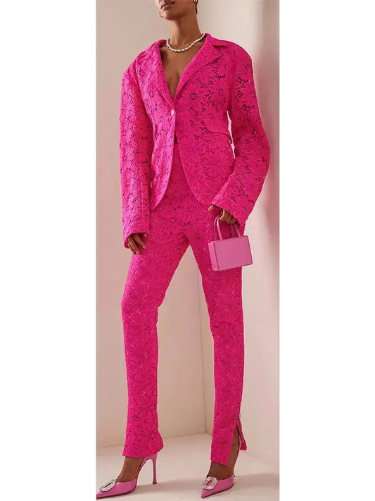 Fuchsia Pink Floral Lace Blazer and Pant Suit - small - Suits & Sets