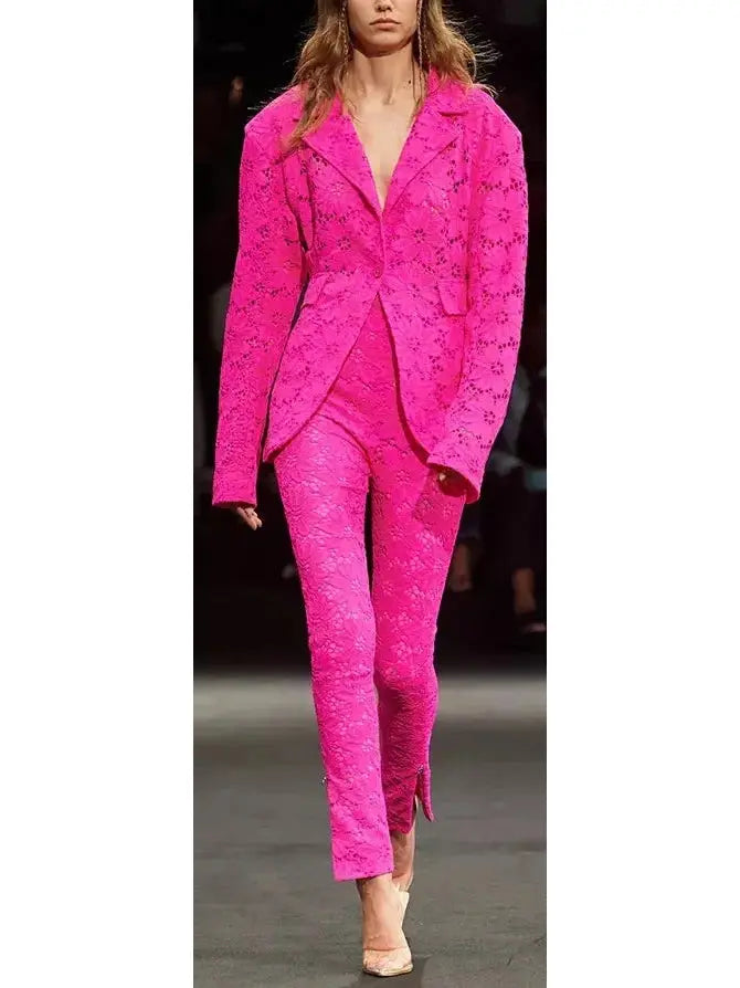 Fuchsia Pink Floral Lace Blazer and Pant Suit - Suits & Sets