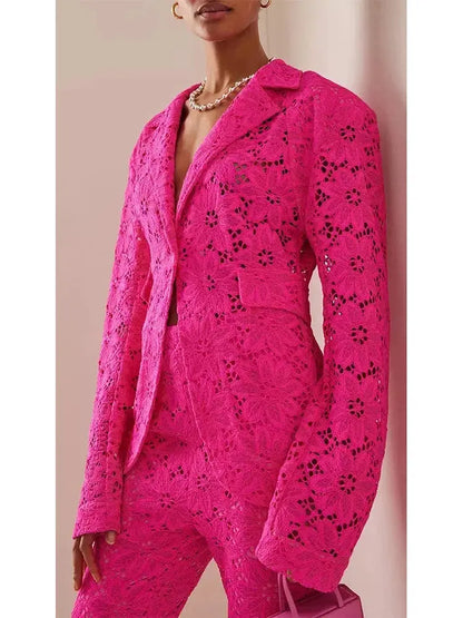 Fuchsia Pink Floral Lace Blazer and Pant Suit - Suits & Sets