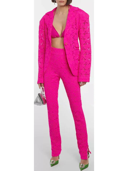 Fuchsia Pink Floral Lace Blazer and Pant Suit - Suits & Sets