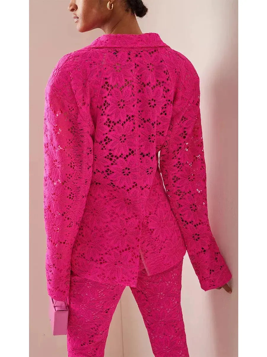 Fuchsia Pink Floral Lace Blazer and Pant Suit - Suits & Sets