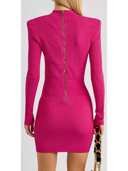 Fuchsia Ribbed Stretch-Knit Mini Dress - Dresses